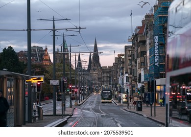 Edinburgh, Scotland 2021 - Public Transportation With Double Decker Bus During A Cloudy Autumn Morning. Photo Taken On Pricess Street. Transport Industry.