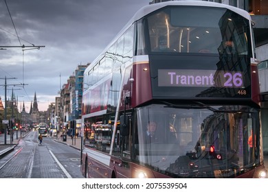 Edinburgh, Scotland 2021 - Public Transportation With Double Decker Bus During A Cloudy Autumn Morning. Photo Taken On Pricess Street. Transport Industry.