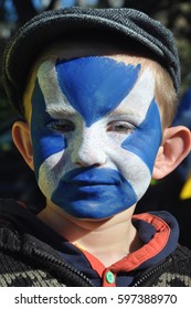 Edinburgh, Scotland 22 September 2012 - First Scottish Independence Referendum March From The Meadows To Princes Street Gardens - Child With Saltire Face Paint.