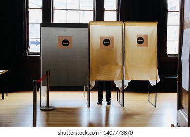 EDINBURGH, SCOTLAND - 26 MAY 2019 French voter at a polling station in the French Institute in Edinburgh on European Election Day
