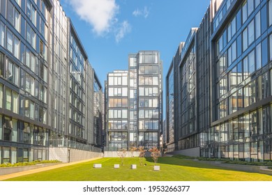 Edinburgh, Scotland - April 10 2021: Modern, Sleek Architecture Design At Quartermile Residential Buildings From The Meadows.