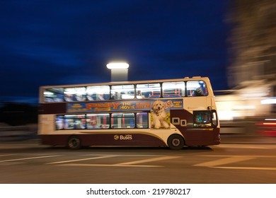 EDINBURGH, SCOTLAND: AUGUST 3, 2014: Night Shot Of Lothian Doubledecker Bus.