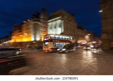 EDINBURGH, SCOTLAND: AUGUST 3, 2014: Night Shot Of Lothian Doubledecker Bus.