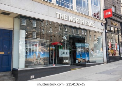 Edinburgh, Scotland - August 3rd,, 2021 : The North Face Outdoor Sports And Leisure Clothing Brand Store Entrance. Sign And Branding On The Exterior Of High Street Store.