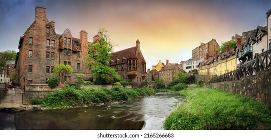 Edinburgh, Scotland - Dean Village Panorama With River At Dramatic Sunrise