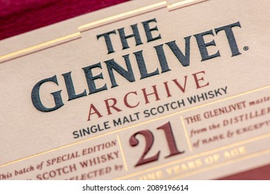 EDINBURGH, SCOTLAND - DECEMBER 10, 2021: box of 21 years old Glenlivet single malt scotch whisky