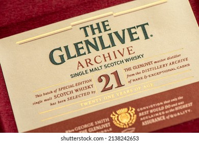 EDINBURGH, SCOTLAND - JANUARY 04, 2022: box of 21 years old Glenlivet single malt scotch whisky