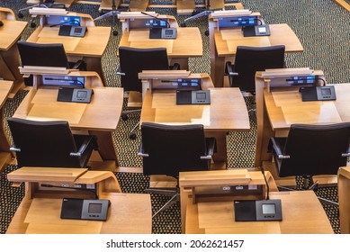 Edinburgh, Scotland - January 18, 2020: Chairs in main chamber of Scottish Parliament building in Edinburgh city