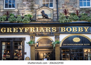 Edinburgh, Scotland - January 18, 2020: Facade of Greyfriars Bobby pub in Edinburgh city