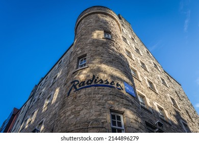 Edinburgh, Scotland - January 18, 2020: Exterior of Radisson Blu Hotel on Royal Mile in Edinburgh city