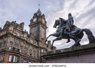 Edinburgh, Scotland - January 19, 2020: Memorial to the Iron Duke in front of Balmoral Hotel in Edinburgh city, Scotland, UK