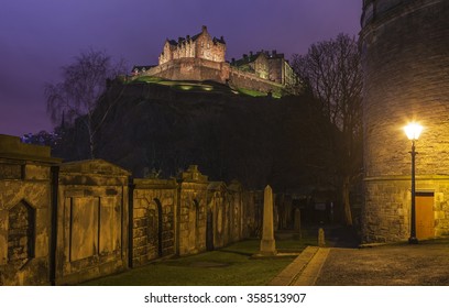 EDINBURGH, SCOTLAND - JANUARY 3RD 2016: View Of The Magnificent Edinburgh Castle From The Churchyard Of St. Cuthberts Church, On 3rd January 2016.