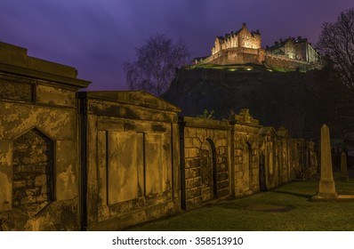 EDINBURGH, SCOTLAND - JANUARY 3RD 2016: A Stunning View Of Edinburgh Castle From St. Cuthberts Churchyard, On 3rd January 2016.