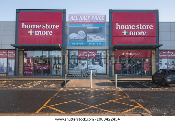 Edinburgh, Scotland -\
January 6 2021: Home Store + More location at Craigleith Retail\
Park in Edinburgh, which is a retailer of home goods and decor,\
from cookware to\
bedding