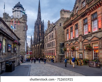 EDINBURGH, SCOTLAND - JULY 28: Looking down the Royal Mile in the Old Town on July 28, 2017 in Edinburgh Scotland. The Royal Mile is the most popular attraction in Edinburgh and hosts many tourists.