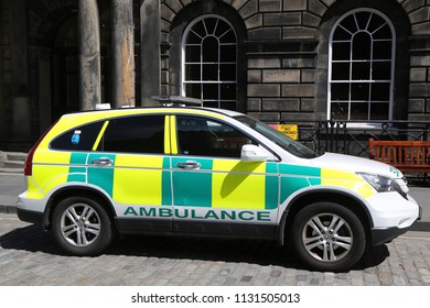 EDINBURGH, SCOTLAND - JULY 4, 2018: Scottish Ambulance Service Car In Edinburgh. The Scottish Ambulance Service Is The NHS Ambulance Services Trust, Part Of NHS Scotland