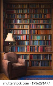 Edinburgh, Scotland - June 5 2019: A Cozy Old-fashioned Reading Nook With Stately Home Library Collection Of Vintage Books.