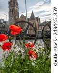 Edinburgh, Scotland, Leith Walk picture of red poppies and white chamomiles in a pot at the front, city architecture behind, old kirk, steel wheels