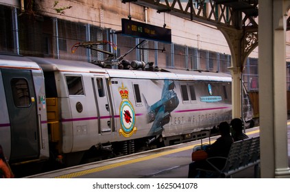 Edinburgh / Scotland - May 10 2015:  British Train Class 91 No. 91110 'Battle Of Britain Memorial Flight'  Stationary In Waverley Station, 