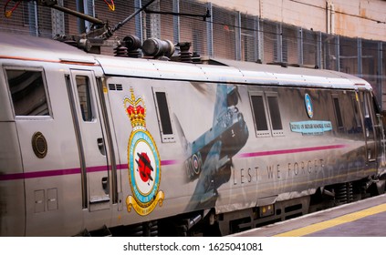 Edinburgh / Scotland - May 10 2015:  British Train Class 91 No. 91110 'Battle Of Britain Memorial Flight'  Stationary In Waverley Station, 