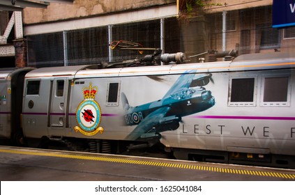 Edinburgh / Scotland - May 10 2015:  British Train Class 91 No. 91110 'Battle Of Britain Memorial Flight'  Stationary In Waverley Station, 