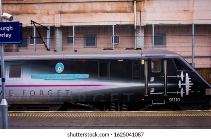 Edinburgh / Scotland - May 10 2015:  British Train Class 91 No. 91110 'Battle Of Britain Memorial Flight'  Stationary In Waverley Station, 