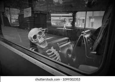 Edinburgh, Scotland - May 25, 2018: Skeleton On The Ghost Tour Bus