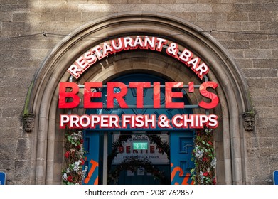 Edinburgh, Scotland- Nov 20, 2021: The Sign for Berties Poper Fish and Chips Restaurant  in Edinburgh City centre.