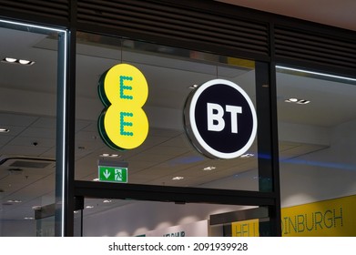 Edinburgh, Scotland- Nov 21, 2021:  The sign for the EE and BT Mobile store in Edinburgh.
