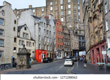 Edinburgh, Scotland - October, 2018:  Victoria Street In The Historic Center Of Edinburg, Made Famous By The Harry Potter Series.