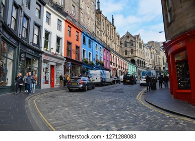 Edinburgh, Scotland - October, 2018:  Victoria Street In The Historic Center Of Edinburg, Made Famous By The Harry Potter Series.