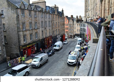 Edinburgh, Scotland - October, 2018:  Victoria Street In The Historic Center Of Edinburg, Made Famous By The Harry Potter Series.