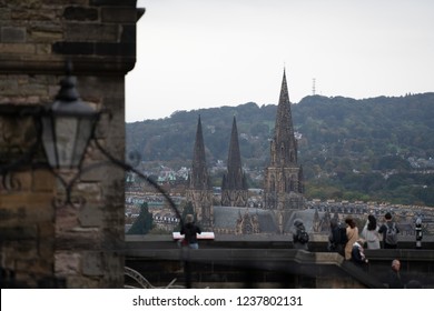 EDINBURGH, SCOTLAND - SEPTEMBER 30, 2018: View From Edinburgh Castle Towards Corstorphine Hill With St Marys Cathedral In The Foreground.