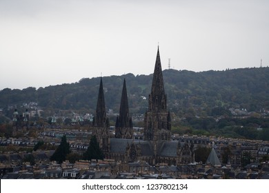 EDINBURGH, SCOTLAND - SEPTEMBER 30, 2018: View From Edinburgh Castle Towards Corstorphine Hill With St Marys Cathedral In The Foreground.