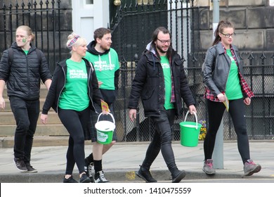 Edinburgh, Scotland, U.K.- 29 May 2019 Group Of Men And Women Volunteering To Collect Donations For MacMillan Cancer Support Charity