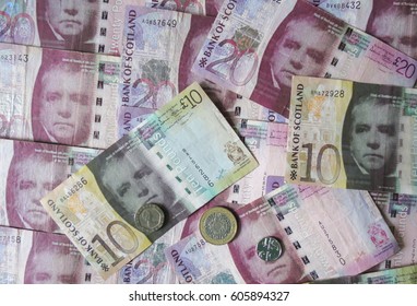 EDINBURGH, SCOTLAND, UK - CIRCA AUGUST 2015: Scottish sterling pound banknotes and coins, currency of Scotland