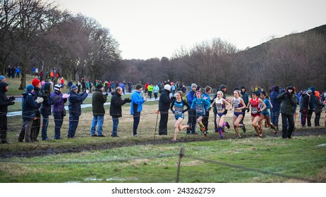 EDINBURGH, SCOTLAND, UK, January 10, 2015 - Public Enjoying The Great Edinburgh Cross Country Run Despite  Bad Weather. 