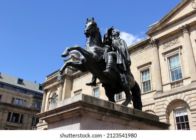 Edinburgh, Scotland, UK - July 1, 2016: Equestrian statue of the Duke of Wellington, by John Steell, unveiled in 1852, outside Register House at Princes Street