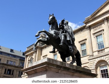 Edinburgh, Scotland, UK - July 1, 2016: Equestrian statue of the Duke of Wellington, by John Steell, unveiled in 1852, outside Register House at Princes Street