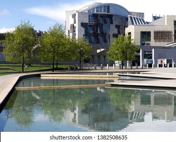 Edinburgh, Scotland / United Kingdom - April 27 2019: The Scottish Parliament At Holyrood Is Deserted During The Weekend In The Spring