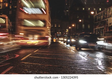 Edinburgh, Scotland / United Kingdom - February 5 2019: A Bus Is Overtaking Another Bus In Heavy Traffic In The Centre Of Edinburgh At Rush Hour