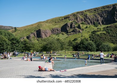 Edinburgh, United Kingdom - 24 July 2017: People Swimming In The Pool At Scottish Parliament Building Located At Holyrood.