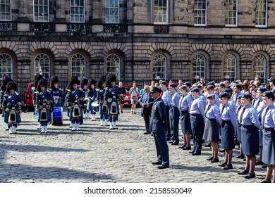 EDINBURGH, UNITED KINGDOM - Jun 10, 2018: A Closeup Of The Scottish Bagpipes Band With Blue Kilts In Edinburgh, Scotland, UK