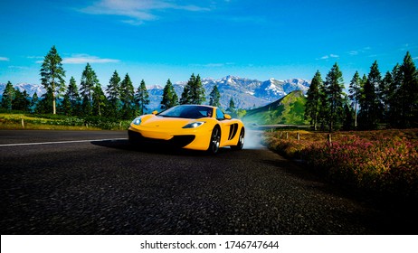 Edinburgh, United Kingdom - June 1, 2020:  Bright yellow McLaren driving on a beautiful road with a nice big mountain as the backdrop.