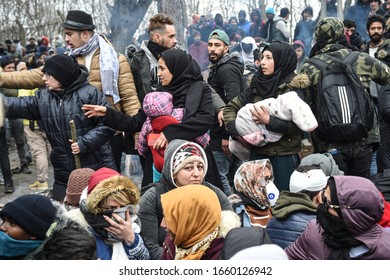 EDIRNE, TURKEY - FEBRUARY 29, 2020: Migrants Gather Inside The Buffer Zone Of The Turkey-Greece Border, At Pazarkule, In Edirne District.