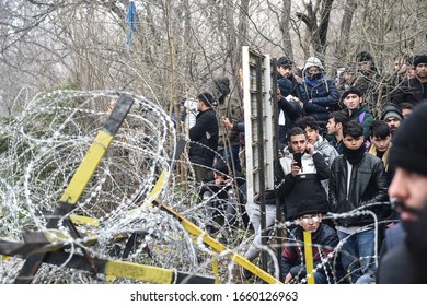 EDIRNE, TURKEY - FEBRUARY 29, 2020: Migrants Gather Inside The Buffer Zone Of The Turkey-Greece Border, At Pazarkule, In Edirne District.