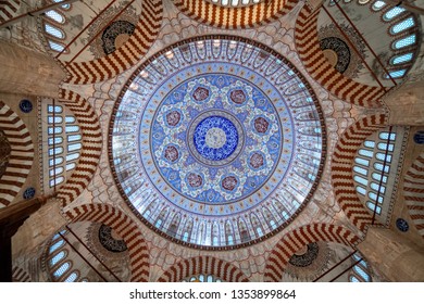 EDIRNE, TURKEY - MARCH 9: Dome of the in selimiye mosque photo taken with a wide angle on March 9, 2019 in Edirne, Turkey.