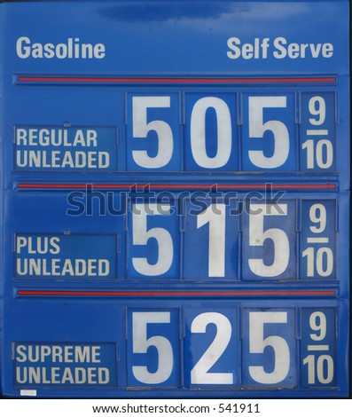 Edited gas station sign showing gas at $5 per gallon, from directly facing sign.