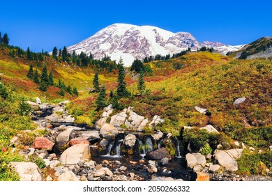 Edith Creek In Mount Rainier National Park Flows In Front Of The Volcanic Peak As Fall Colors Cover The Hillside