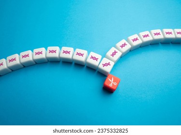 Editing of DNA chains, concept. Genome modification. Gene therapy. Breeding of new plant crops and animals. Improving the quality and productivity of organisms, protecting against diseases and viruses